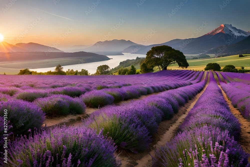 lavender field at sunset generative Ai