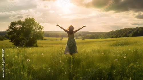 Happy woman dancing alone at green sunny meadow. Young woman with arms raised standing on field against sky feeling of freedom and happiness