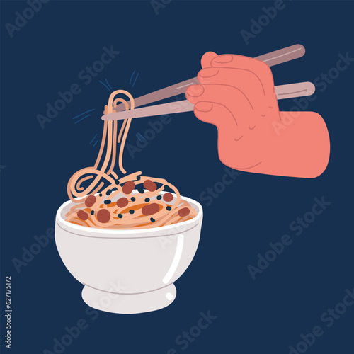 Cartoon vector illustration of Boiled instant noodles. Hand takes noodles with chopsticks for food. Fast food. Hand hold chopstics