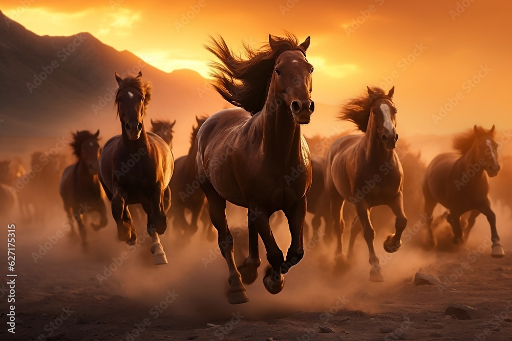 Galloping Herd Horses Running on Dusty Ground, Generative AI