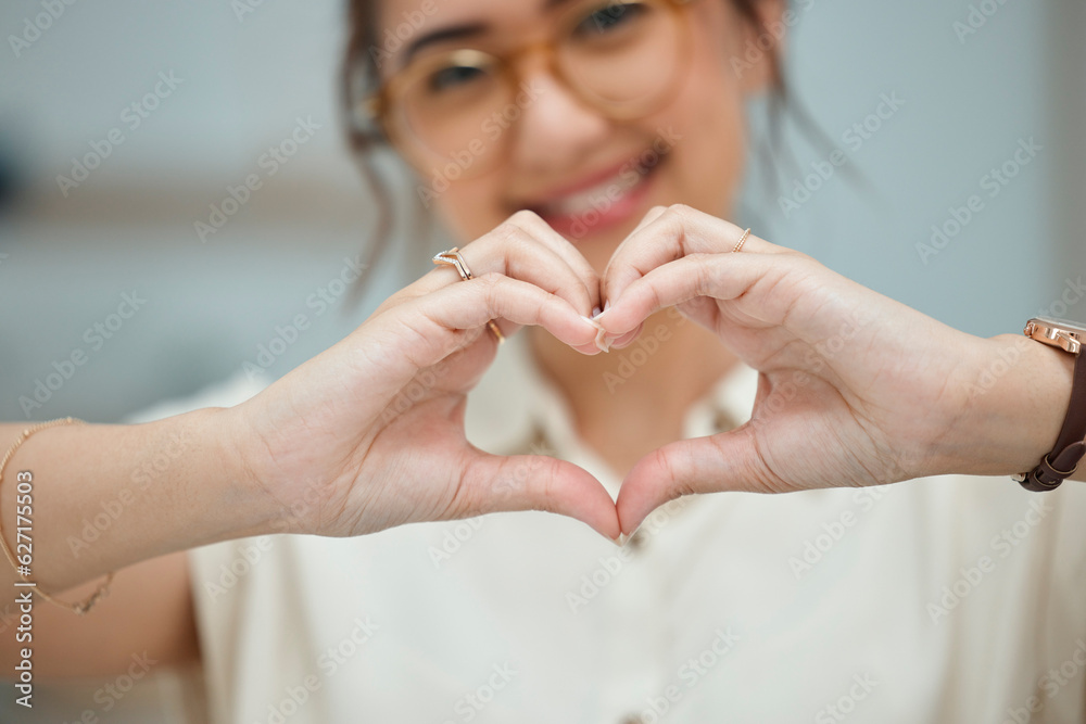 Fototapeta premium Heart, love and happy with hand of woman for thank you, support and peace. Kindness, hope and motivation symbol with closeup of female person and sign at home for emoji, care and romance icon