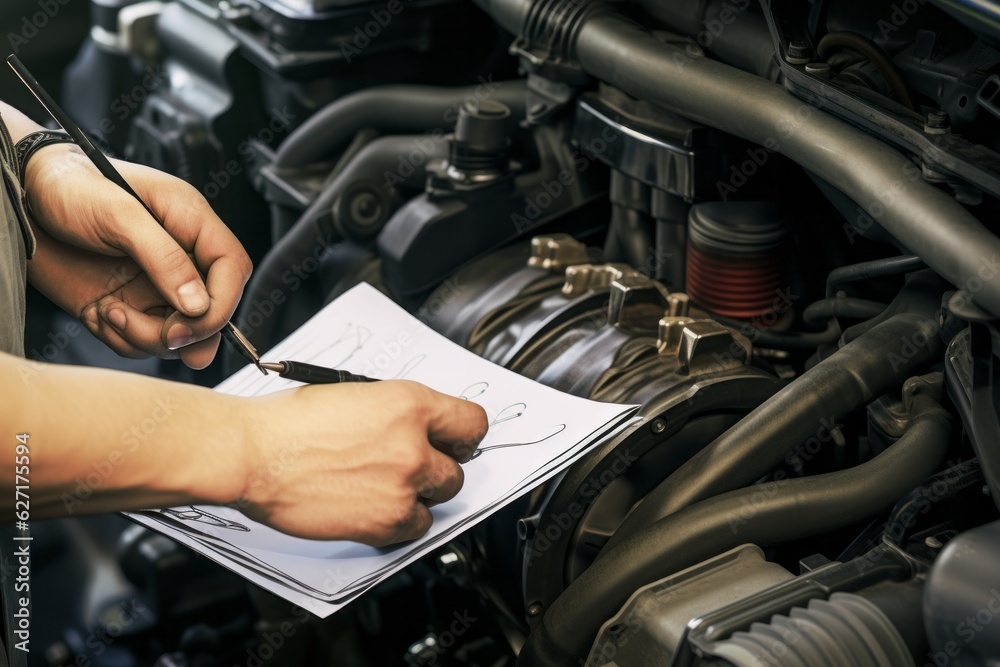 Obraz premium Skilled mechanic working on a car's engine with precision tools and expertise, automotive repair concept, copy space, Generative AI