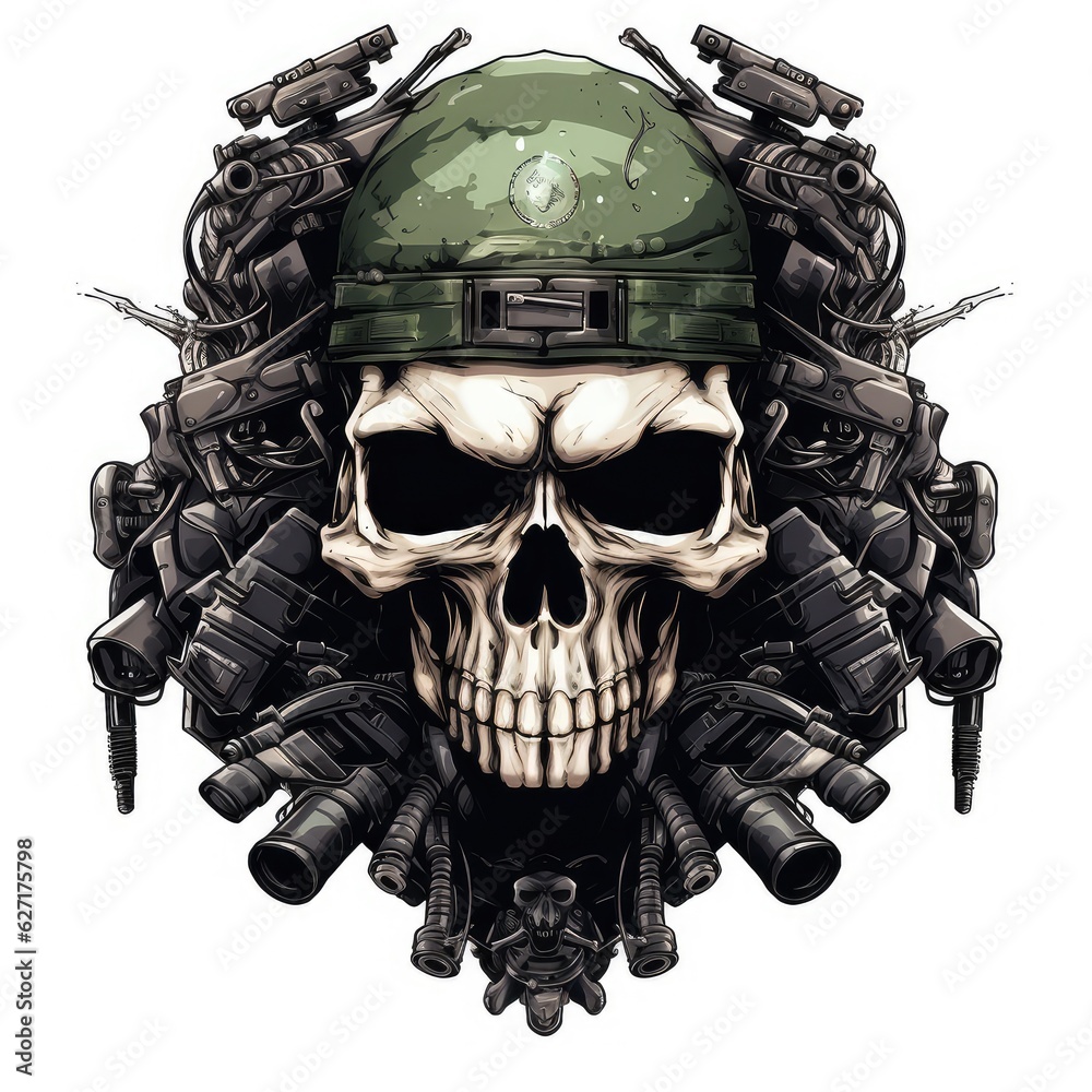 skull wearing night vision tactical helmet, suitable for t shirt, badge, logo design vintage. AI Generative.