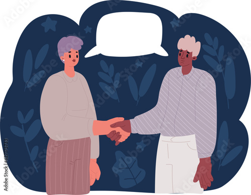 Cartoon vector illustration of Business handshake Businessman and woman shake hands as hello in office closeup. Friend welcome, introduction, greet or thanks gesture, product advertisement, partnershi