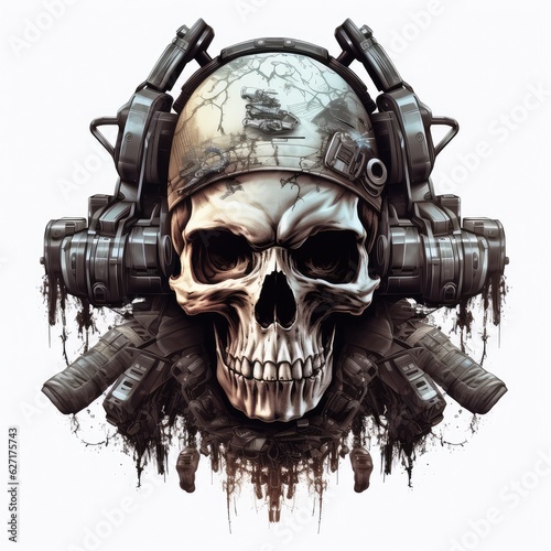 skull wearing night vision tactical helmet, suitable for t shirt, badge, logo design vintage. AI Generative.