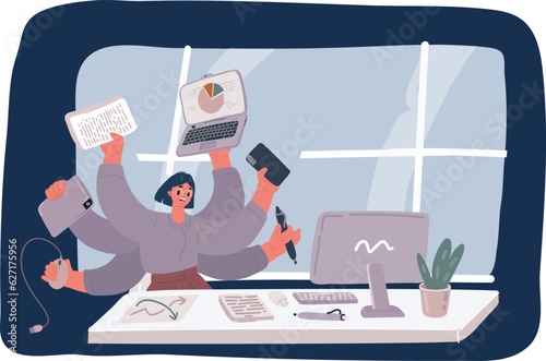 Cartoon vector illustration of Young girl busy shiva office manager with many hands keeps supplies.
