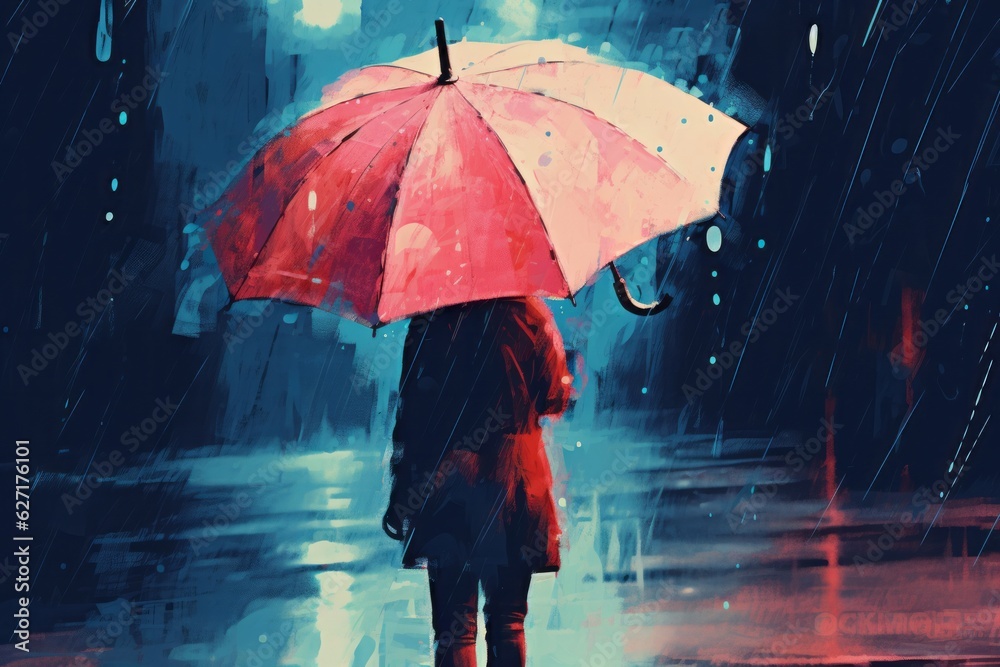 Rainy Day Reflections A person holding an umbrella in the rain, with vibrant city lights reflecting on wet pavement, Generative AI