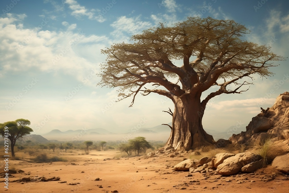 African Baobab Thriving in Dusty Savanna, Generative Ai