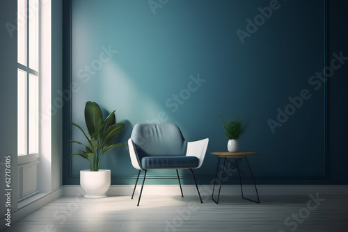 A blue chair in the living room with potted and green plants in a vase. Cozy corner with a blue chair and a green plant  Generative AI
