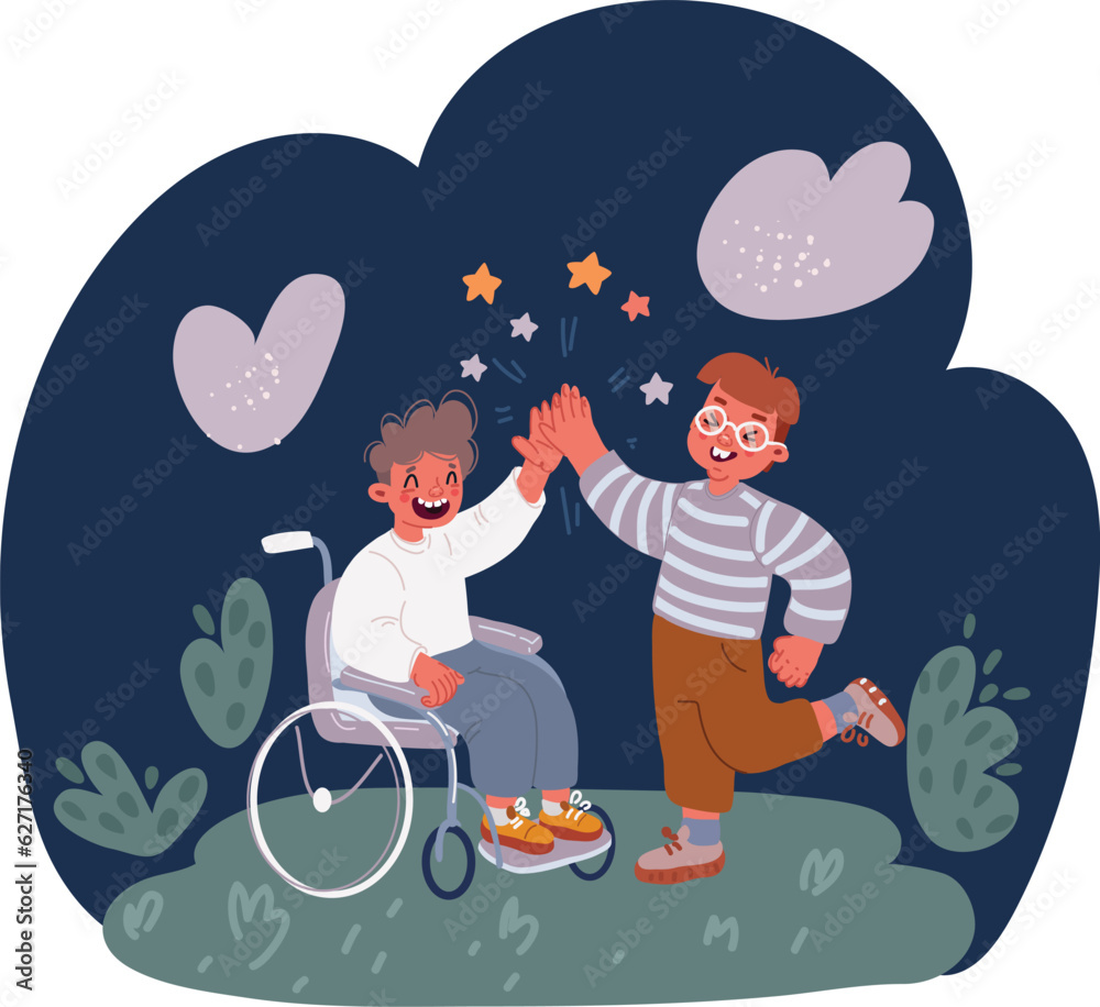 Vetor de Cartoon vector illustration of Little boy in wheelchair giving ...