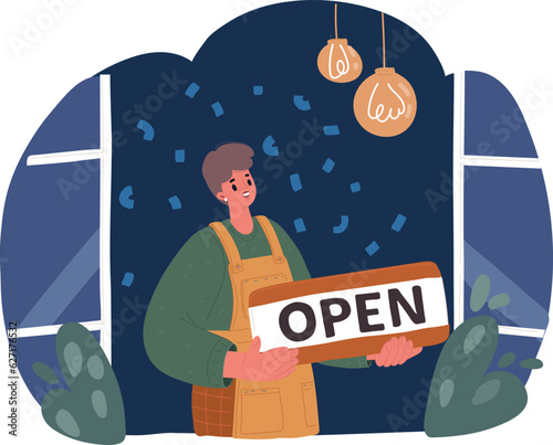 Cartoon vector illustration of Coffee shop woman owner open after lockdown quarantine. woman with banner. Open mini business. Service for customers. A shop is open