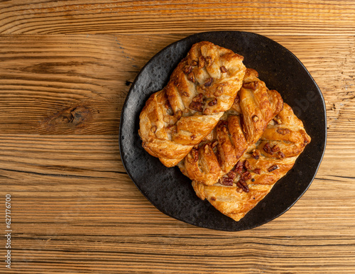 Maple Pecan Puff Pastry, Danish Plaits Pastries with Maple Syrup and Pecan Nuts, Breakfast Bakery photo