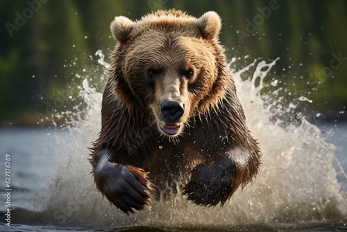 Raging Grizzly Sprinting Through Water. Generative Ai