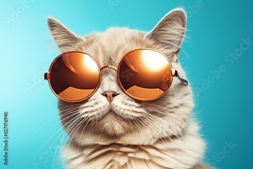 Cool Cat Blue Background with Sunglasses. Generative Ai