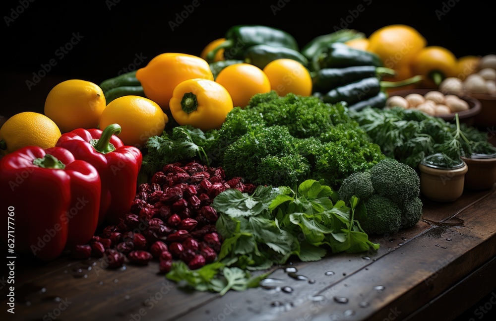 Healthy food, clean eating fruits, vegetables, seeds, superfoods, grains, cabbage, sweet potato, avocado, tomato, onion, beetroot, pepper, eggplant, artichoke, broccoli, cucumber on black background.