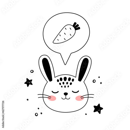 Little bunny dreamer is in doodle style. Cute cartoon Rabbit is dreaming about carrot. Hand drawn illustration. Kids design hare muzzle. Vector illustration kids coloring book