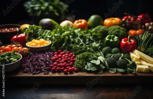 Healthy food, clean eating fruits, vegetables, seeds, superfoods, grains, cabbage, sweet potato, avocado, tomato, onion, beetroot, pepper, eggplant, artichoke, broccoli, cucumber on black background.