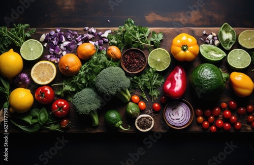 Healthy food, clean eating fruits, vegetables, seeds, superfoods, grains, cabbage, sweet potato, avocado, tomato, onion, beetroot, pepper, eggplant, artichoke, broccoli, cucumber on black background.