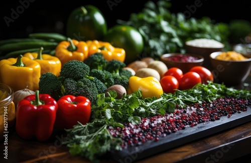 Healthy food, clean eating fruits, vegetables, seeds, superfoods, grains, cabbage, sweet potato, avocado, tomato, onion, beetroot, pepper, eggplant, artichoke, broccoli, cucumber on black background. © ND STOCK