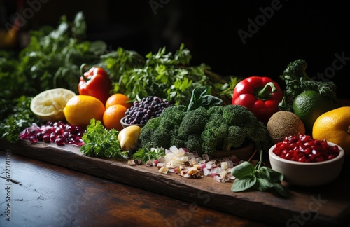 Healthy food, clean eating fruits, vegetables, seeds, superfoods, grains, cabbage, sweet potato, avocado, tomato, onion, beetroot, pepper, eggplant, artichoke, broccoli, cucumber on black background.