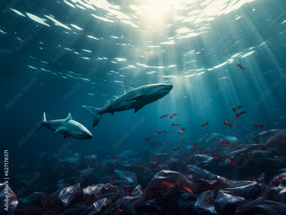 Fototapeta premium Whale made of plastic bags are swiming in the ocean. Contamination of the Oceans. Marine plastic pollution concept. Environmental pollution. Ai generative
