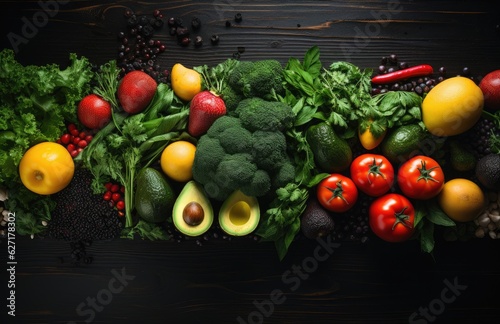 Healthy food, clean eating fruits, vegetables, seeds, superfoods, grains, cabbage, sweet potato, avocado, tomato, onion, beetroot, pepper, eggplant, artichoke, broccoli, cucumber on black background.