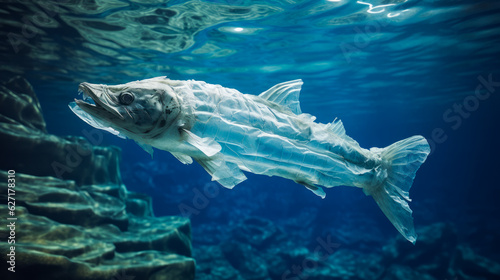 Barracuda Fish made of plastic bags are swiming in the ocean. Contamination of the Oceans. Marine plastic pollution concept. Environmental pollution. Ai generative © ImageFlow