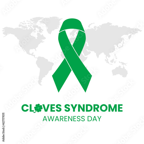 Vector graphic of Cloves Syndrome Awareness Day Celebration with green awareness ribbon, clover and world map