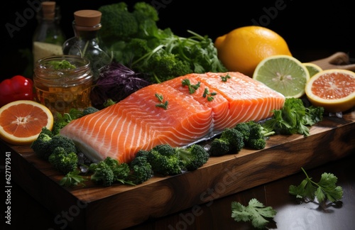 Fresh raw red salmon steak with spices, lemon, pepper, rosemary, herbs, creative pattern made of fish, flat lay, Raw fresh salmon fillet with cooking ingredients, on black background, top view