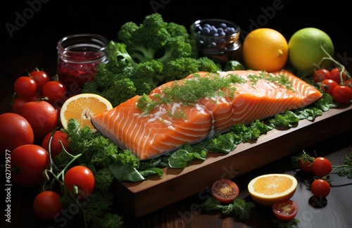 Fresh raw red salmon steak with spices, lemon, pepper, rosemary, herbs, creative pattern made of fish, flat lay, Raw fresh salmon fillet with cooking ingredients, on black background, top view