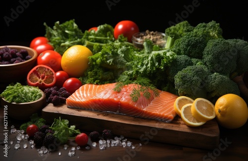 Fresh raw red salmon steak with spices, lemon, pepper, rosemary, herbs, creative pattern made of fish, flat lay, Raw fresh salmon fillet with cooking ingredients, on black background, top view