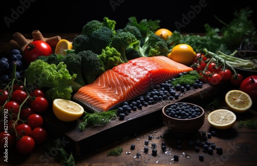 Fresh raw red salmon steak with spices, lemon, pepper, rosemary, herbs, creative pattern made of fish, flat lay, Raw fresh salmon fillet with cooking ingredients, on black background, top view