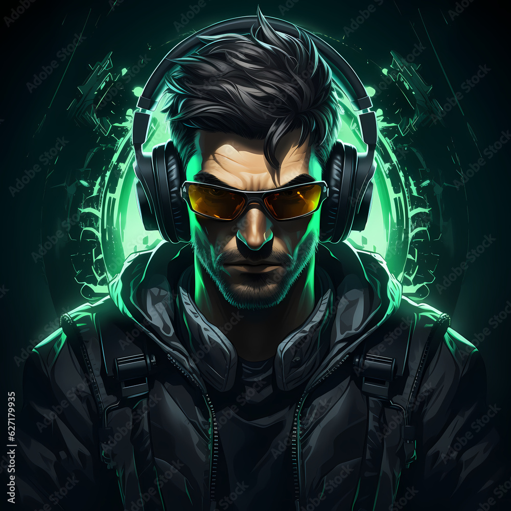 Modern game avatar. Mascot sport logo design. Gamer head illustration logo. large headphones. Male haracter for sport and gaming logo concept. Dark sci fi abstract background. Ai generative Modern game avatar. Mascot sport logo design. Gamer head illustration logo. large headphones. Male haracter for sport and gaming logo concept. Dark sci fi abstract background. Ai generative