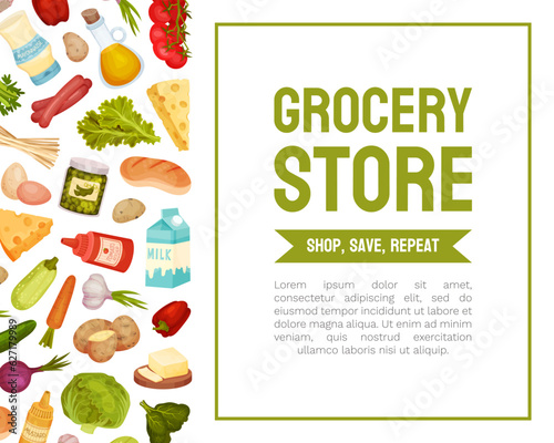 Grocery Food Store Banner Design with Market Products Vector Template