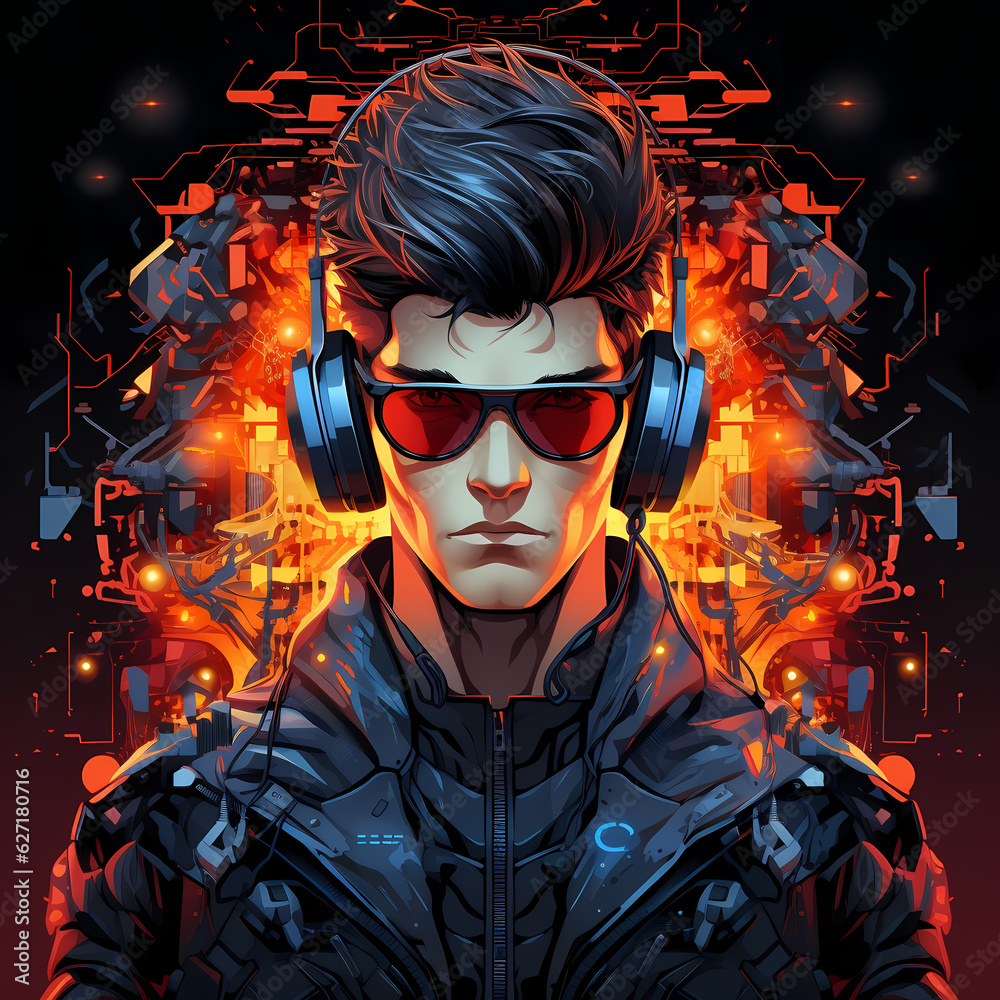 Modern game avatar. Mascot sport logo design. Gamer head illustration logo. large headphones. Male haracter for sport and gaming logo concept. Dark sci fi abstract background. Ai generative