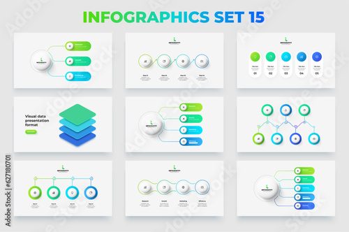 Collection of infographic presentation slides with flowcharts, timelines and thin line diagrams