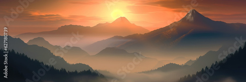 mountains landscape. Morning wood panorama, pine trees and mountains silhouettes. © AMK 