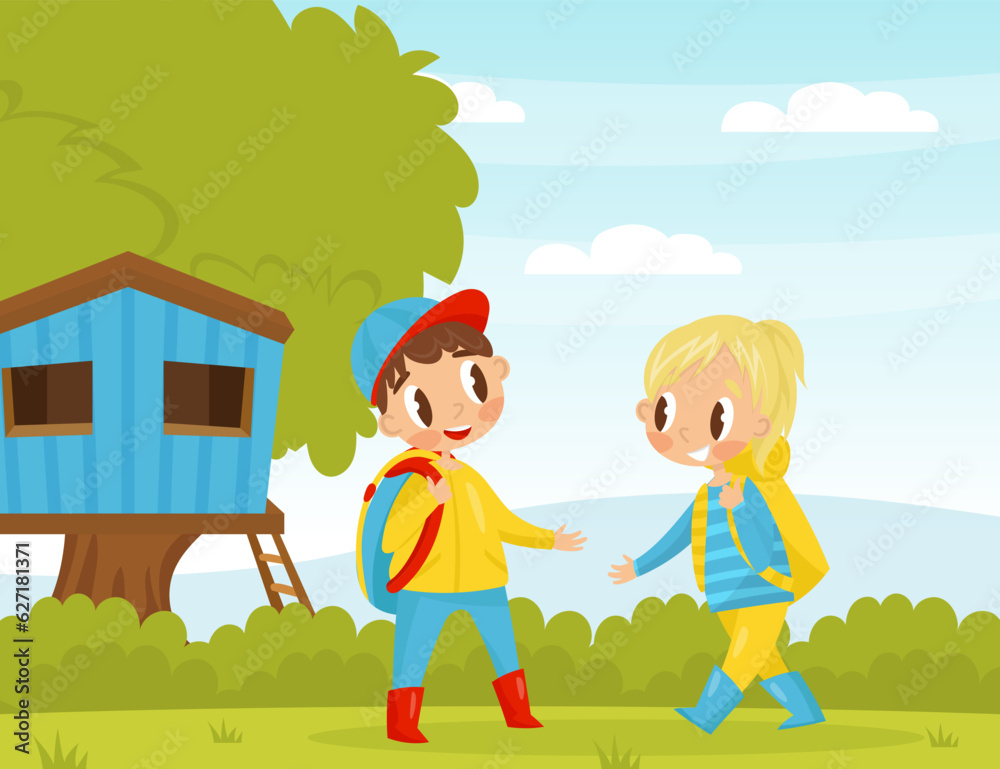 Little Boy and Girl Hiking Enjoy Summer Activity Vector Illustration Little Boy and Girl Hiking Enjoy Summer Activity Vector Illustration