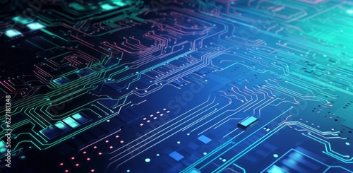 Futuristic computer circuit board background in vibrant blue and green with glowing lines and digital elements, technology concept, copy space, Generative AI