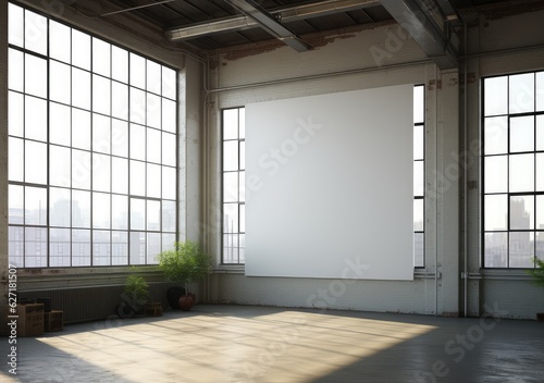 Modern grunge concrete loft interior with empty wall and city view. Mock up. AI Generative.