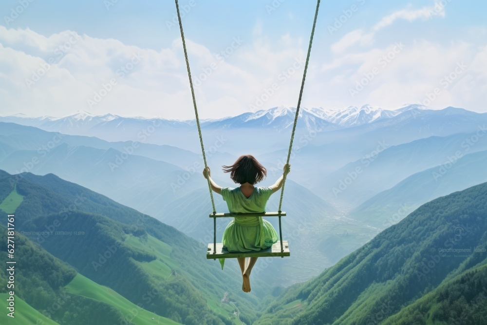 Serene Woman Swinging on Mountain Top with Majestic Scenic View, Generative AI