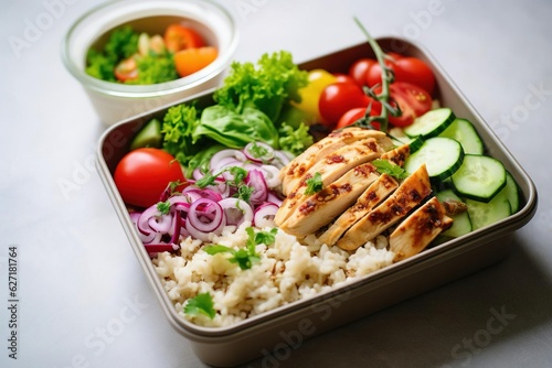 rice and salad with chicken and vegetables