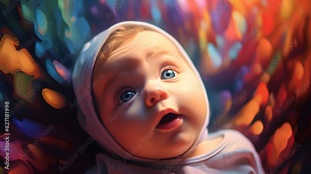 Adorable baby on abstract colorful background. Generative AI