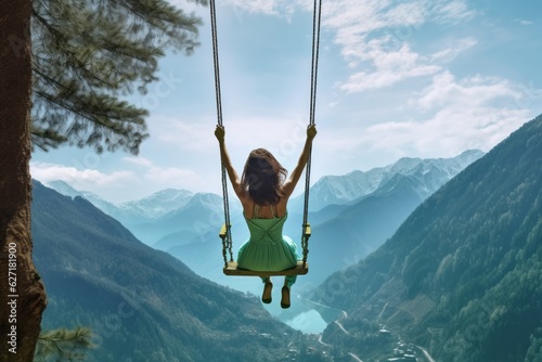Serene Mountain Escape Woman Enjoying a Peaceful Swing amidst Nature's Beauty, Generative AI