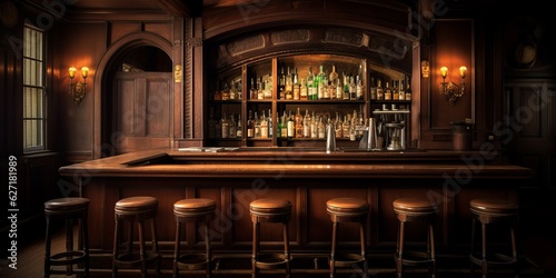 Rustic Bar with Dark Wood Furniture and Festive Decorations  Generative AI