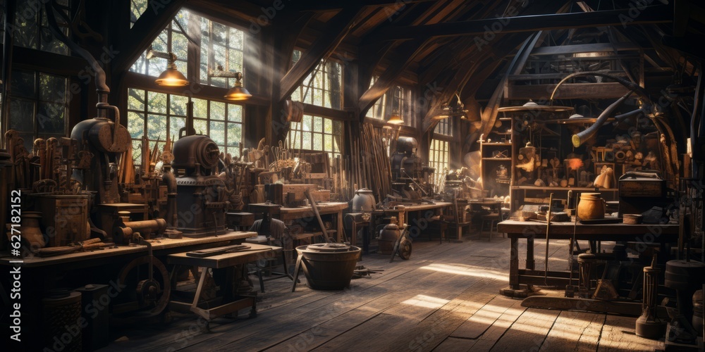Rustic Wooden Workshop with Vintage Tools and Items, Copy Space, Generative AI