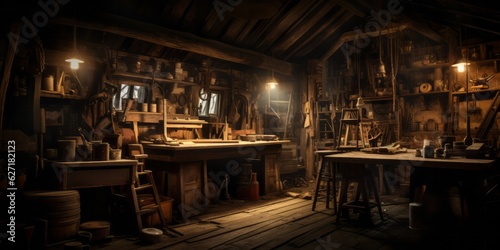 Rustic Wooden Workshop with Vintage Tools and Items  Copy Space  Generative AI