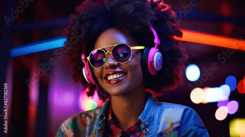 Happy cool fashion funky African young black hipster lady wears trendy glasses headphones listening dance pop dj music standing in neon night club light at style party. Translation: Chicken laugh