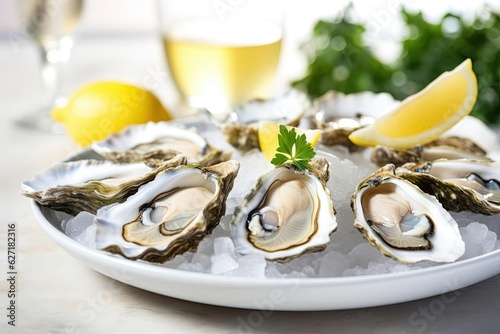 a plate of fresh oyster shell with lemon and parsley