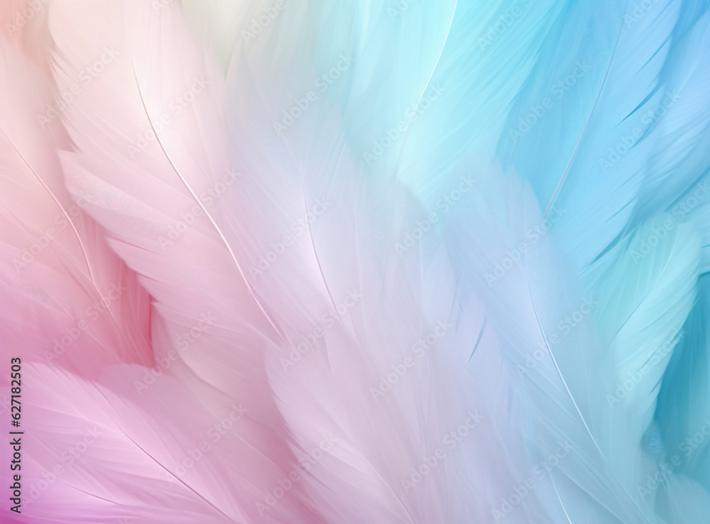 Beautiful abstract purple and blue feathers on white background and soft white pink feather texture on white pattern. Generative AI.